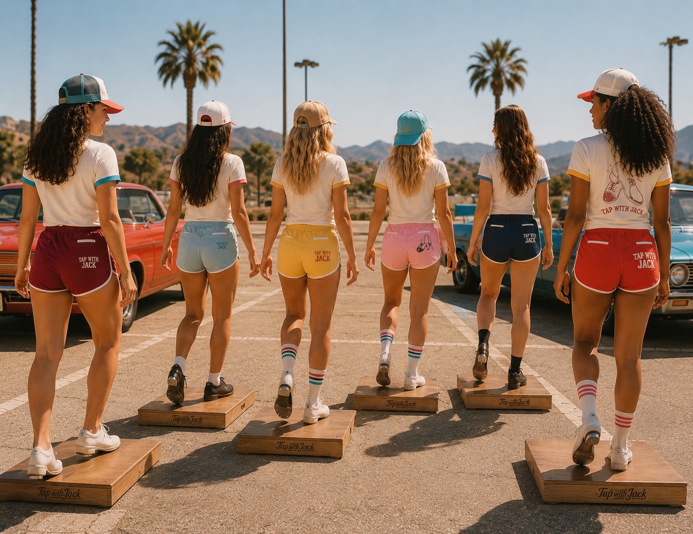 A retro-inspired group of tap dancers stepping forward together