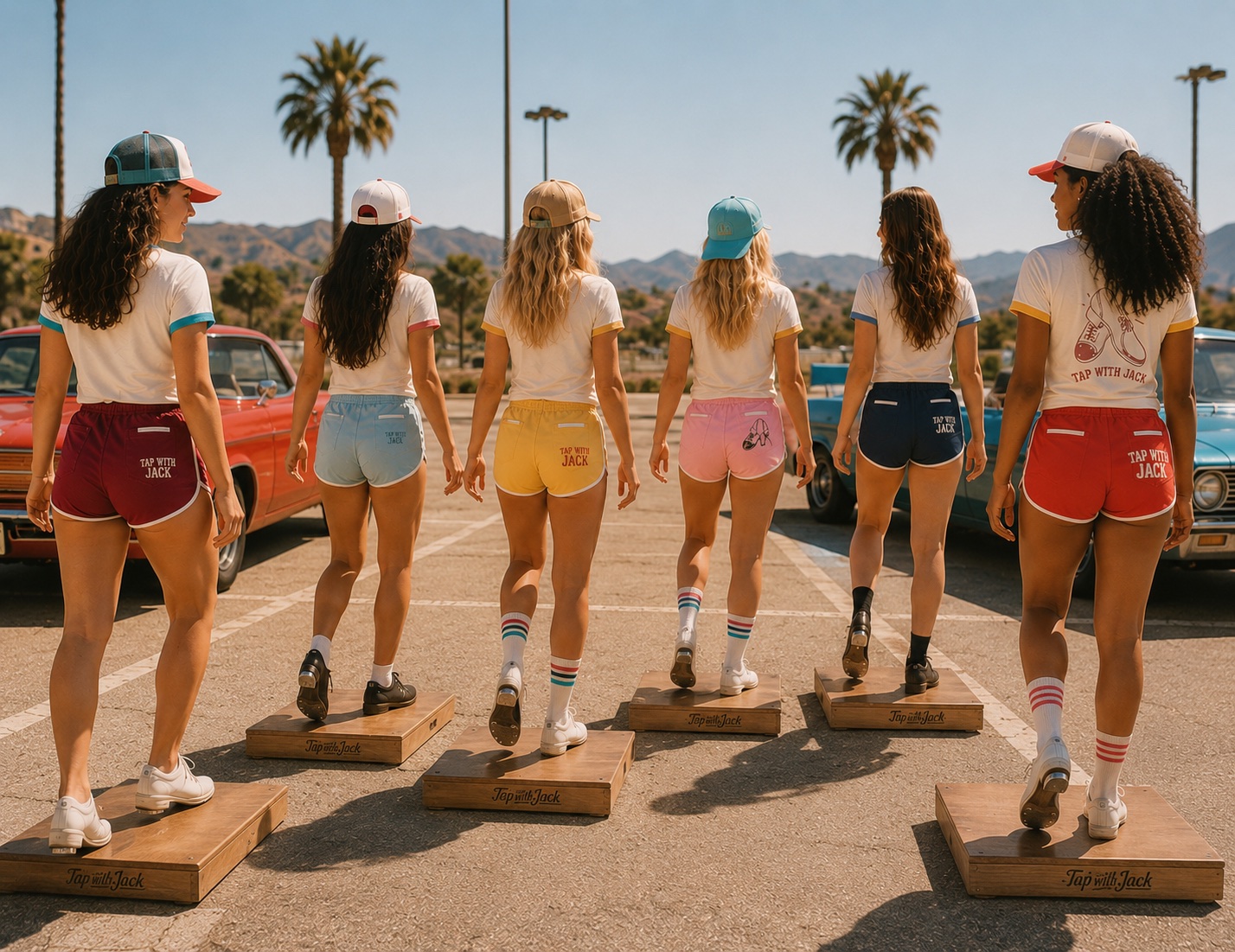 A retro-inspired group of tap dancers stepping forward together